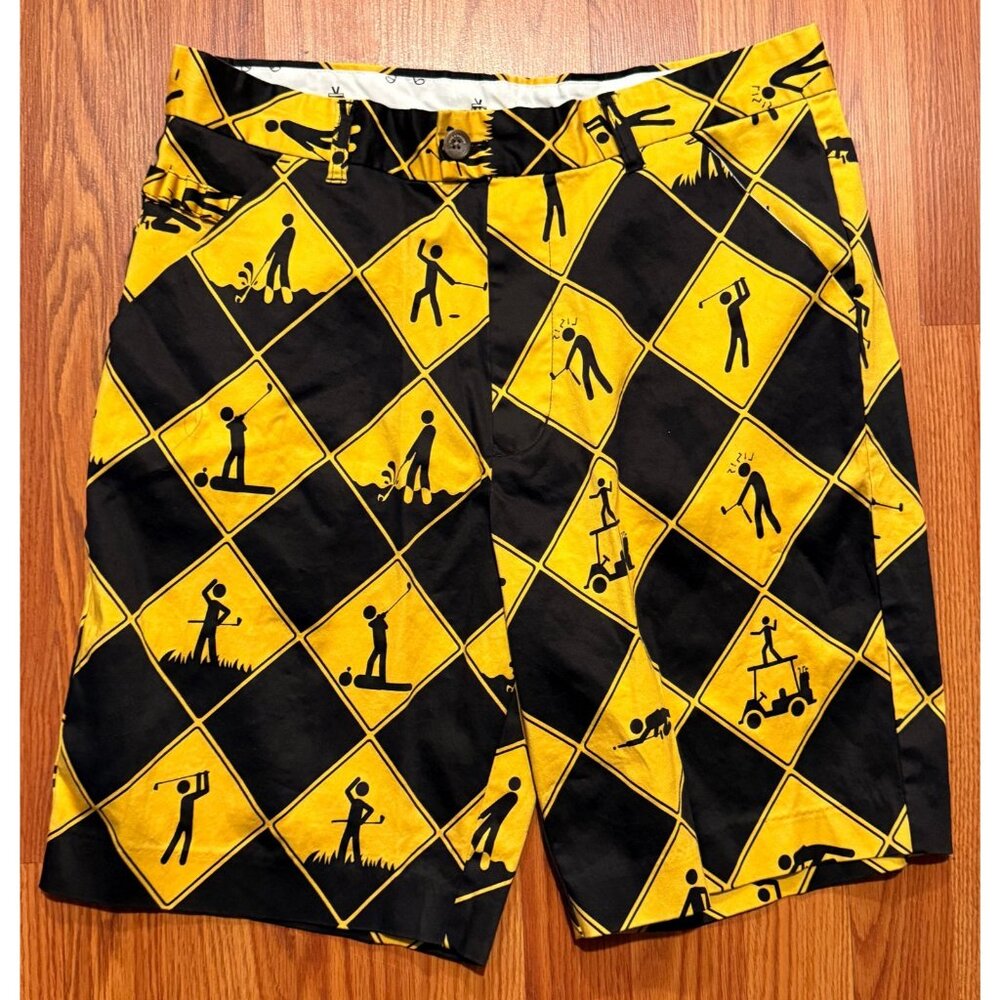 Royal Awesome Yellow Black Shorts Mens 34 9" Golf Loud